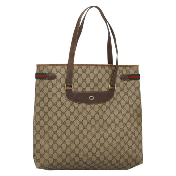 GUCCI GG Supreme Web Sherry Line Tote Bag PVC Beige Gold 39 02 091 Auth - Picture 2 of 15